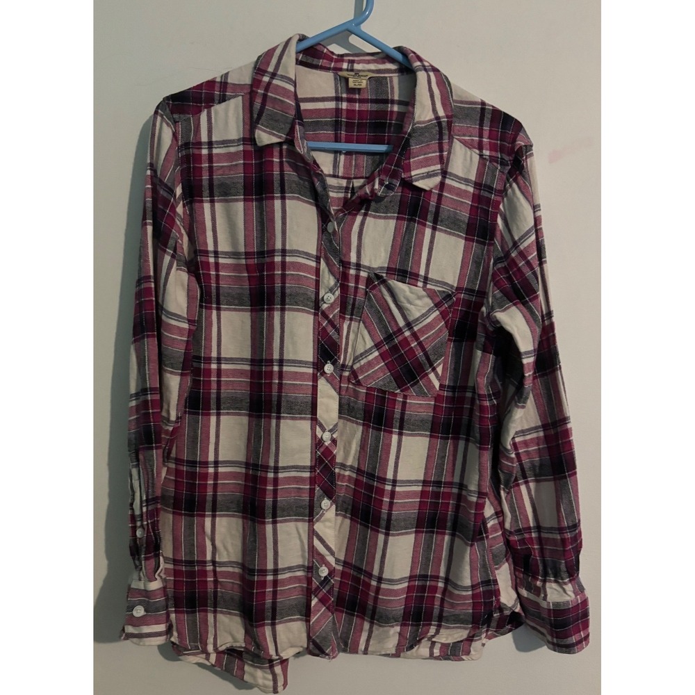 Woolrich Womens Sz XL Long Sleeve Button Down Flannel Balck White Purple Plaid